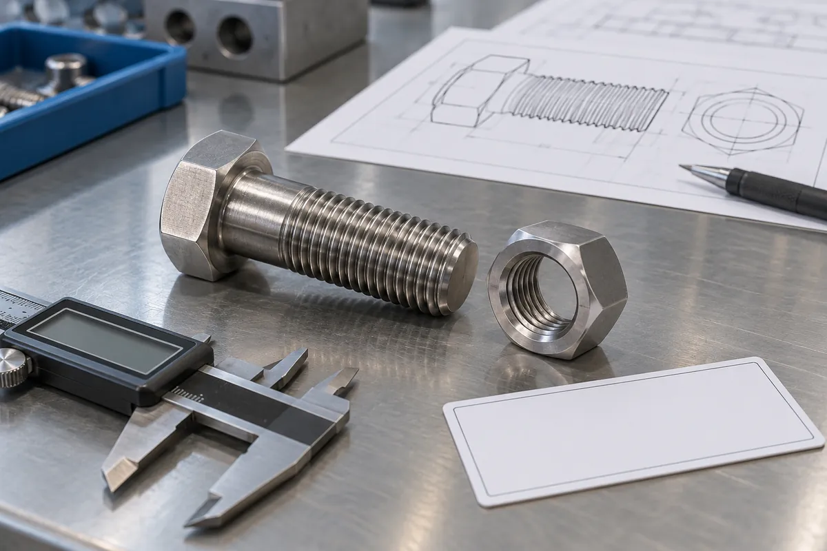 Clean stainless threaded fasteners arranged for assembly condition review