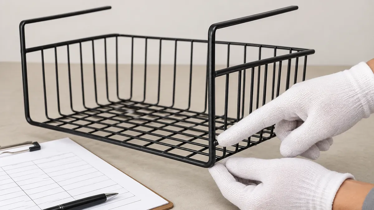 Buyer review of wire, weld and finish interfaces on a kitchen basket sample