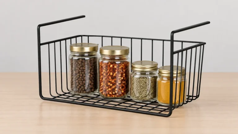 Metal kitchen storage basket reviewed with sealed containers and specification notes