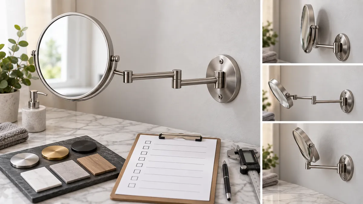 Buyer checklist concept for mirror reach hinge retention and wall mounting