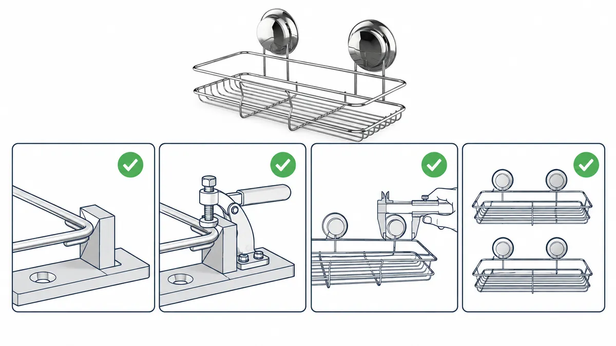 Buyer review board showing basket datum locations, clamp access, post-release inspection and approved-sample comparison.