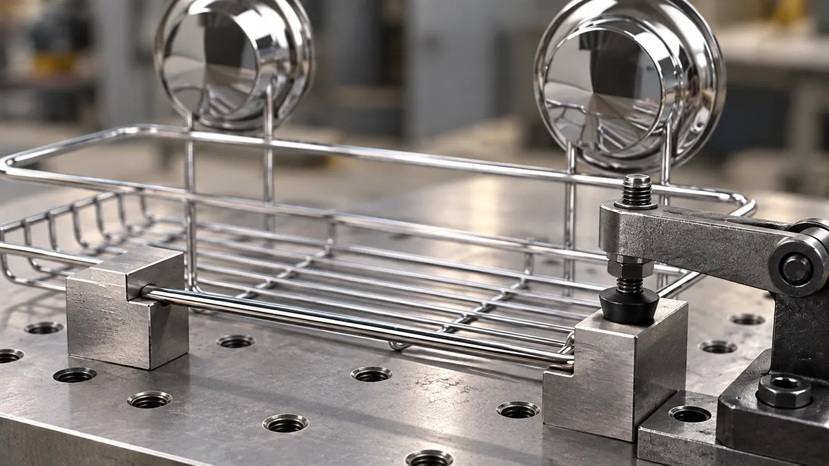 Close detail of a wire basket frame located against fixture stops while a clamp holds a straight support wire at its datum.
