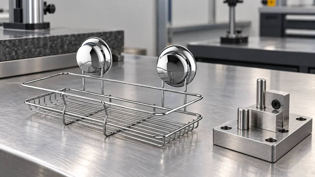 Chrome wire bathroom basket with two suction cups and paired vertical support wires, photographed beside a precision welding fixture.