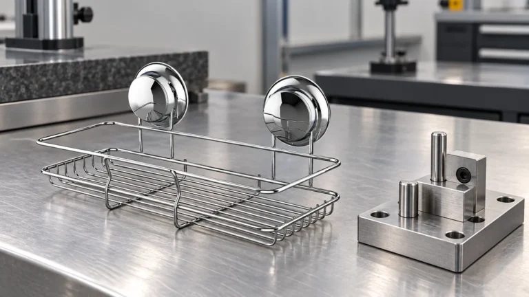 Chrome wire bathroom basket with two suction cups and paired vertical support wires, photographed beside a precision welding fixture.