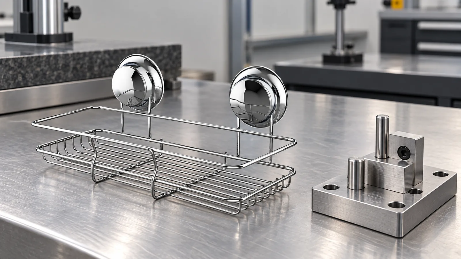 Chrome wire bathroom basket with two suction cups and paired vertical support wires, photographed beside a precision welding fixture.