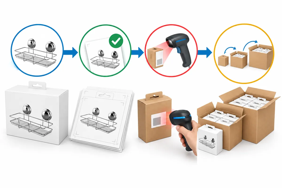 Packaging release checklist diagram linking SKU mapping, approved artwork, first-off scan and carton-level revision checks.