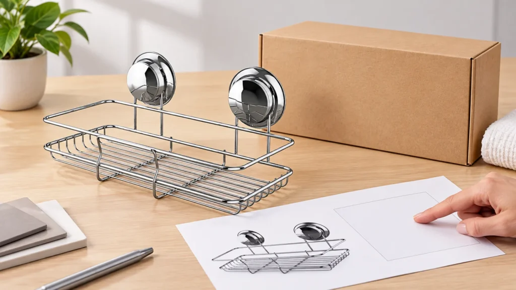 Private-label packaging proof review beside a chrome bathroom wire basket with two suction mounts and two support wires.