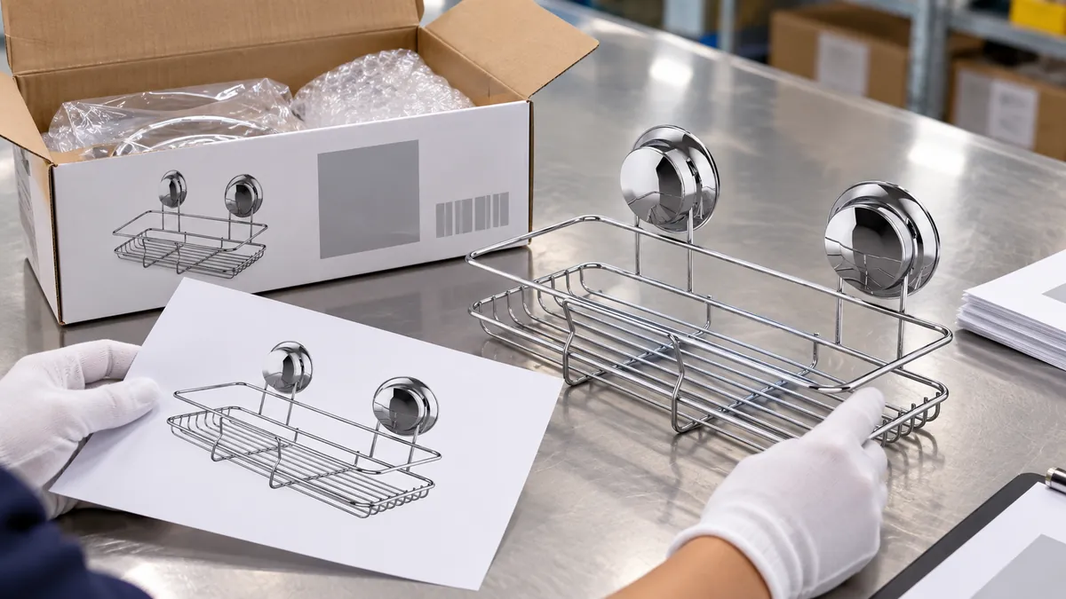 First-off packaging check comparing an approved blank retail-pack proof with the matching bathroom basket SKU.