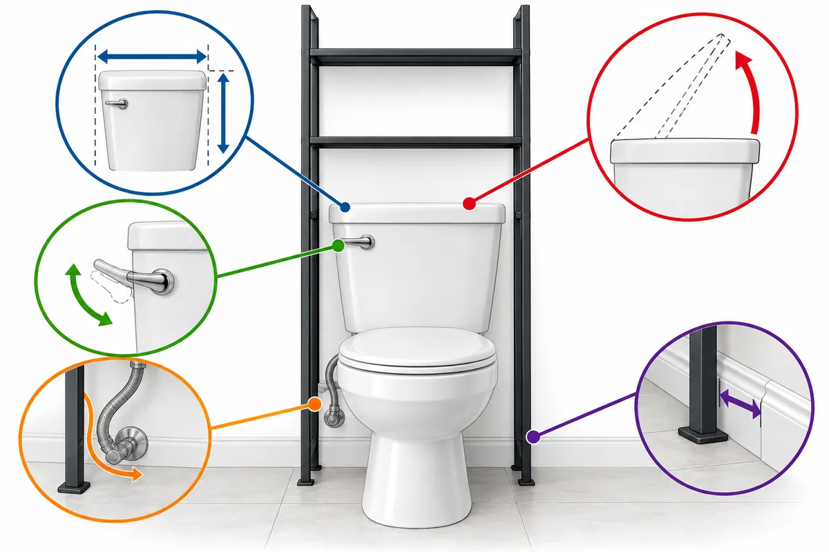 Buyer measurement checklist diagram for tank envelope, lid lift path, flush access, supply line and baseboard.