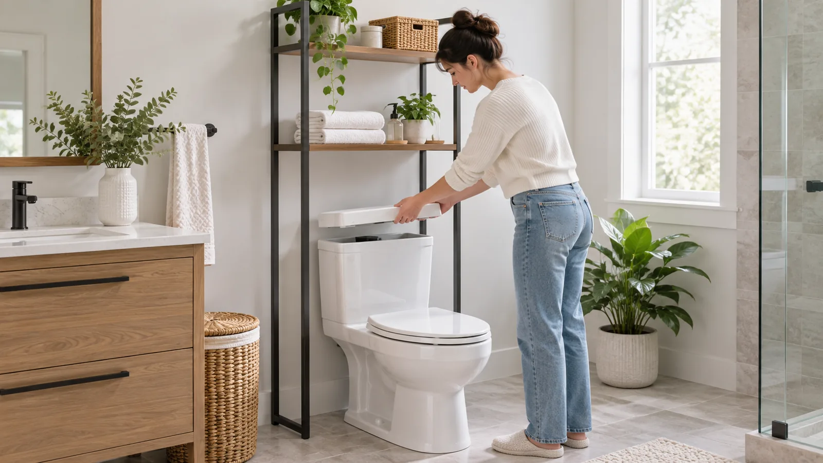 Conceptual freestanding metal rack around a toilet with clear vertical access to lift the tank lid.