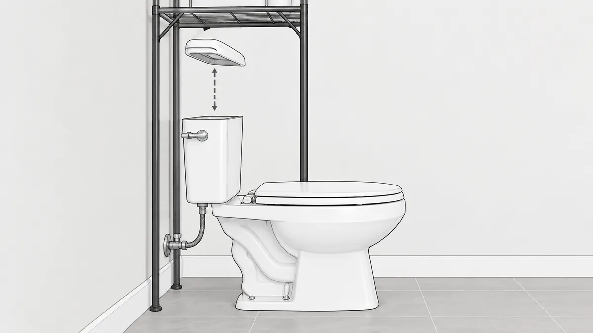 Side-view clearance concept showing the toilet tank lid lifting vertically without contacting the freestanding rack shelf.