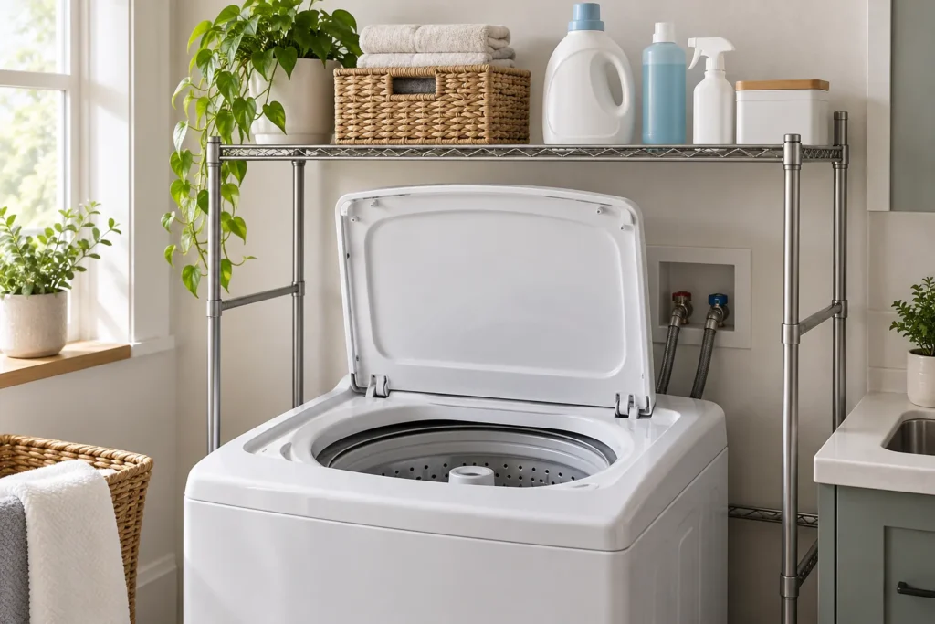 Conceptual metal laundry shelf showing top-loader lid clearance and hose access