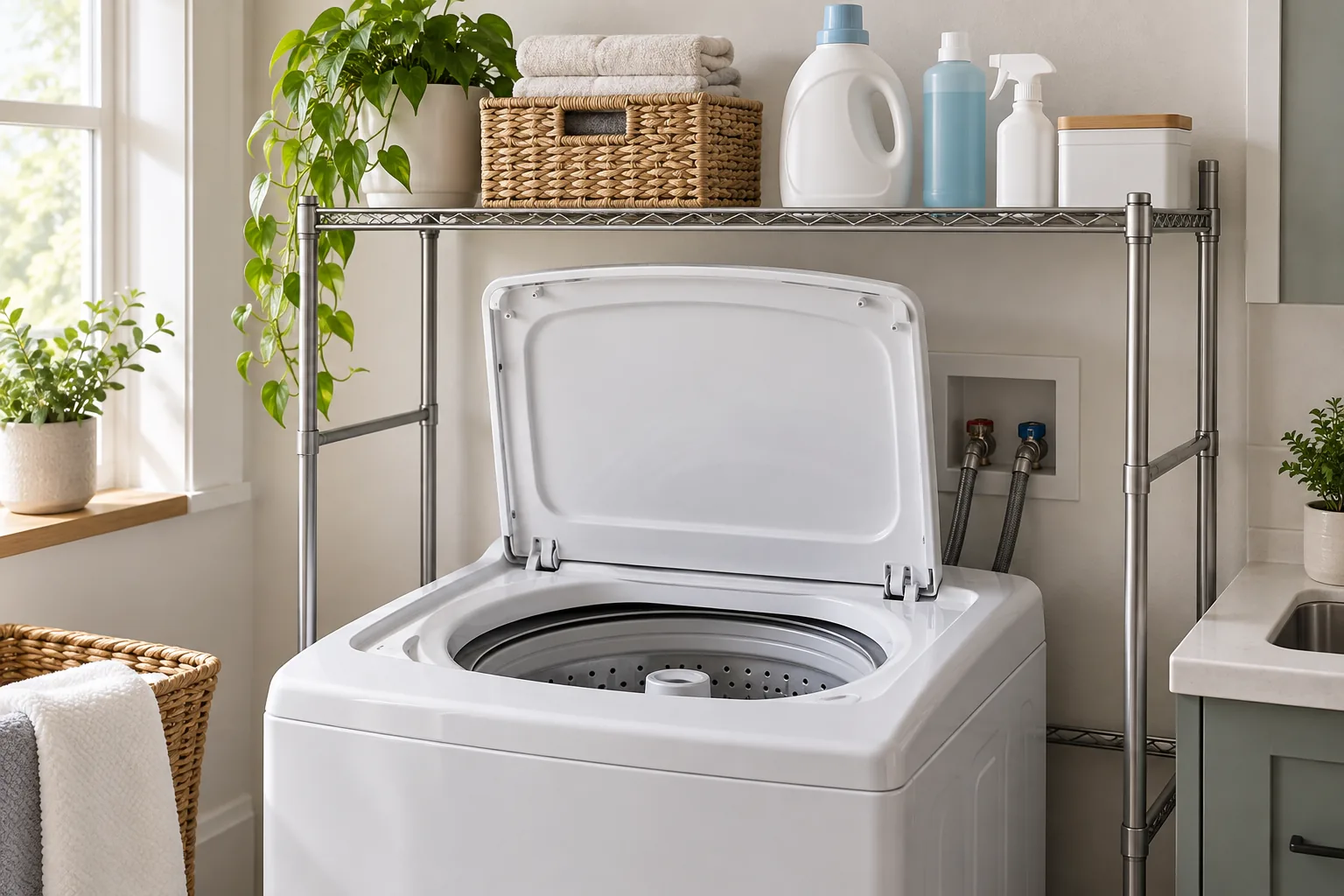 Conceptual metal laundry shelf showing top-loader lid clearance and hose access
