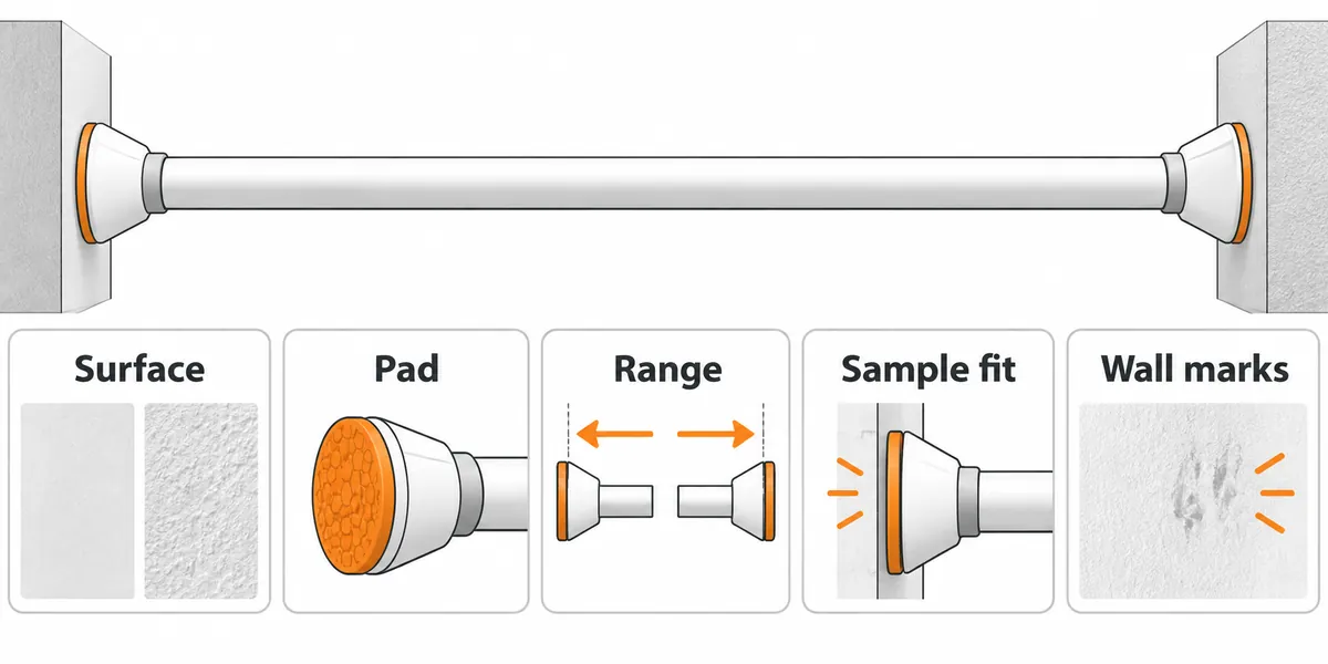 Buyer checklist for tension-rod surface, pad, range, fit and wall-mark review