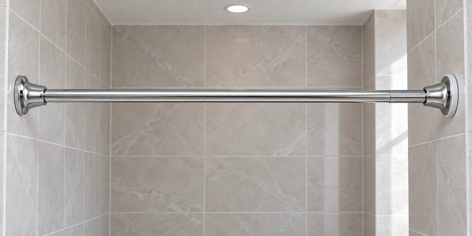 Tension shower rod end caps meeting opposing bathroom walls for surface-fit review