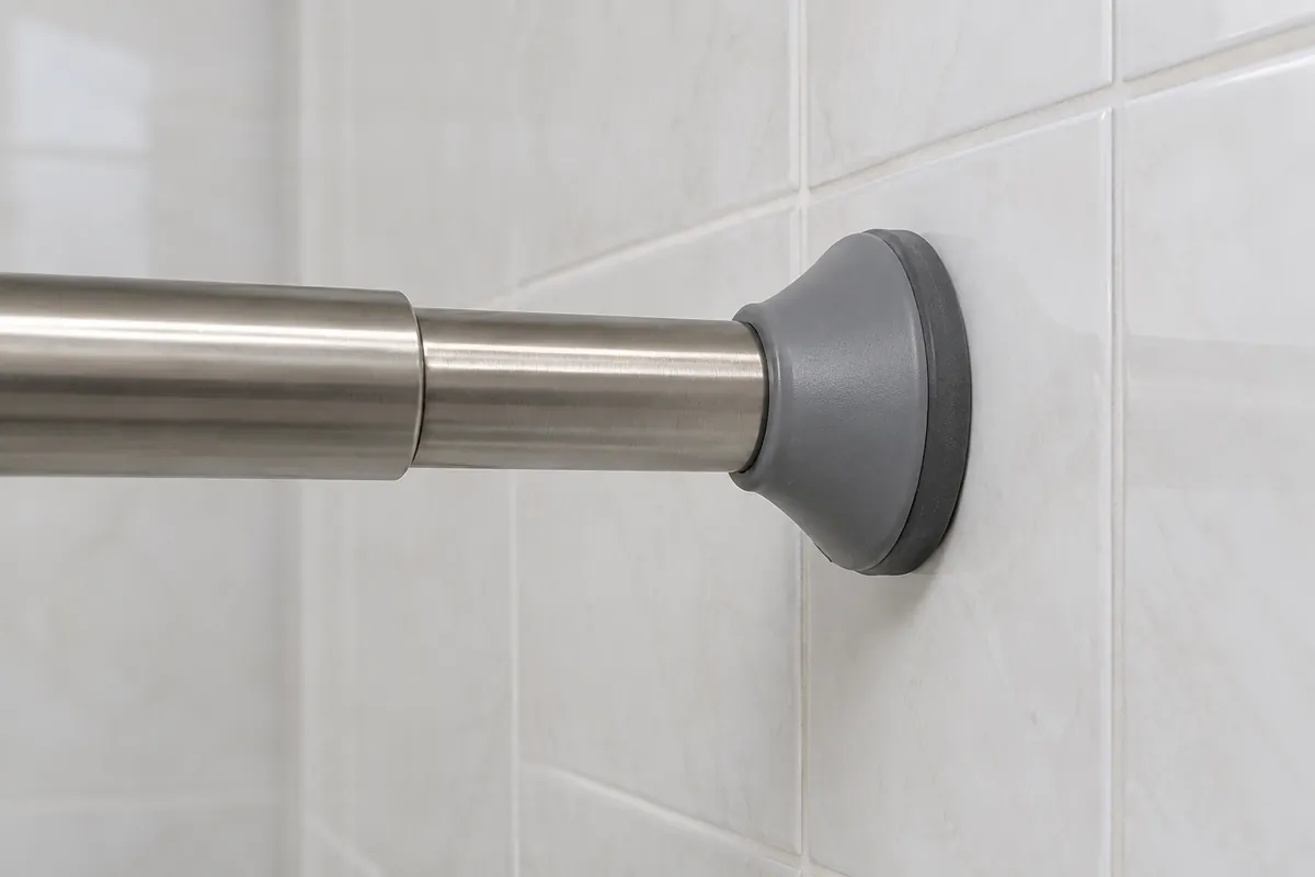 Buyer inspects a tension-rod end cap and wall-contact pad on a sample tile