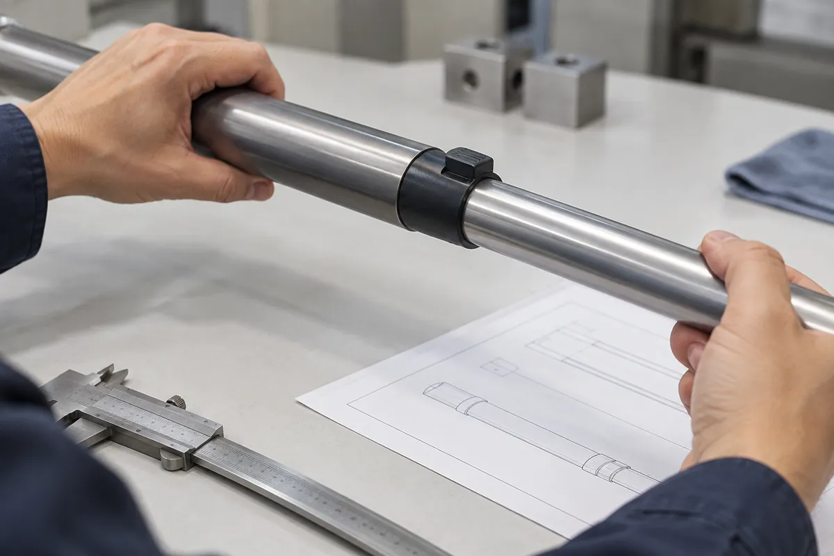 Buyer checks tube overlap, rotation and lock action on a telescoping rod sample