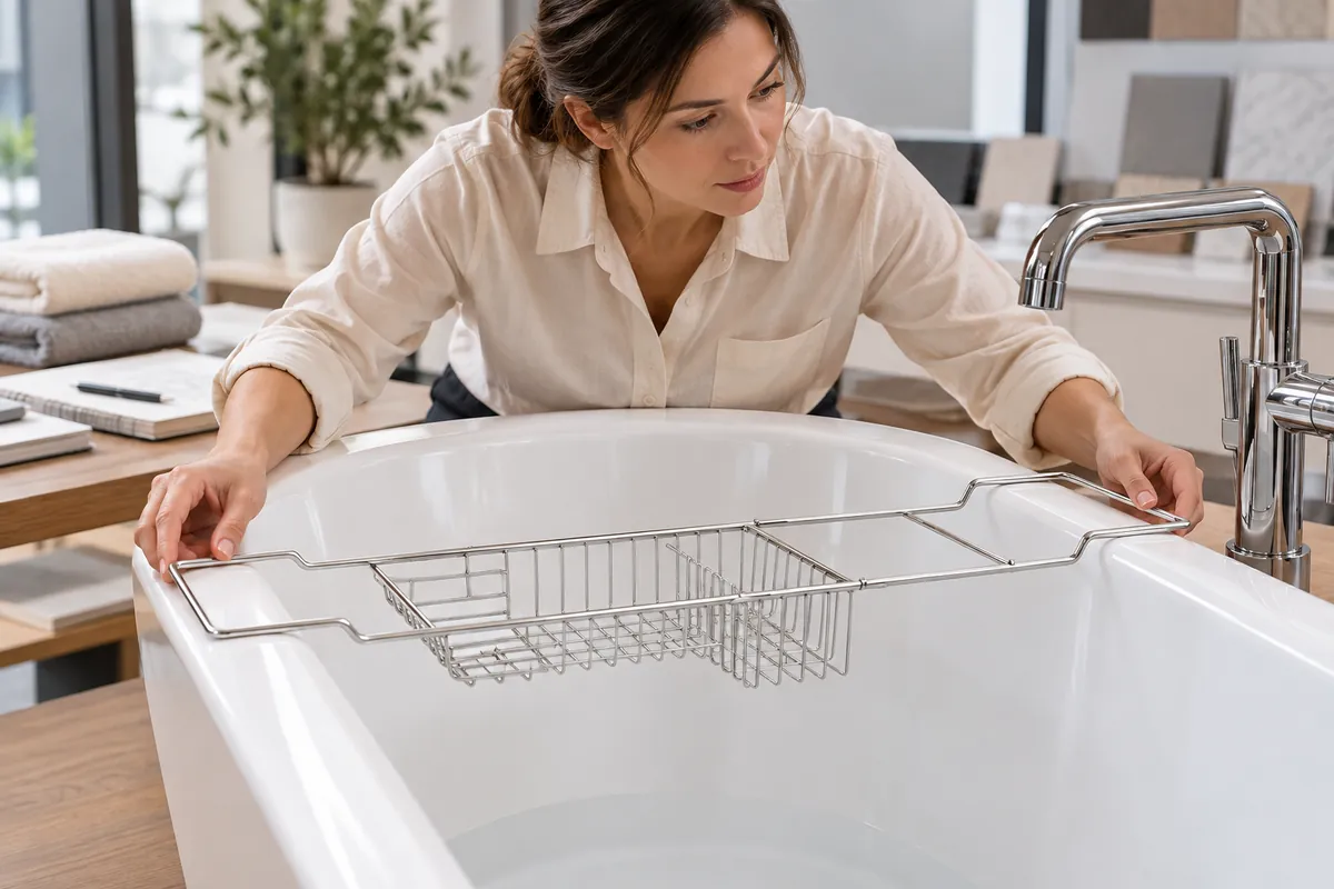 Buyer checks bath-tray end supports against bathtub rim profiles on a sample fixture