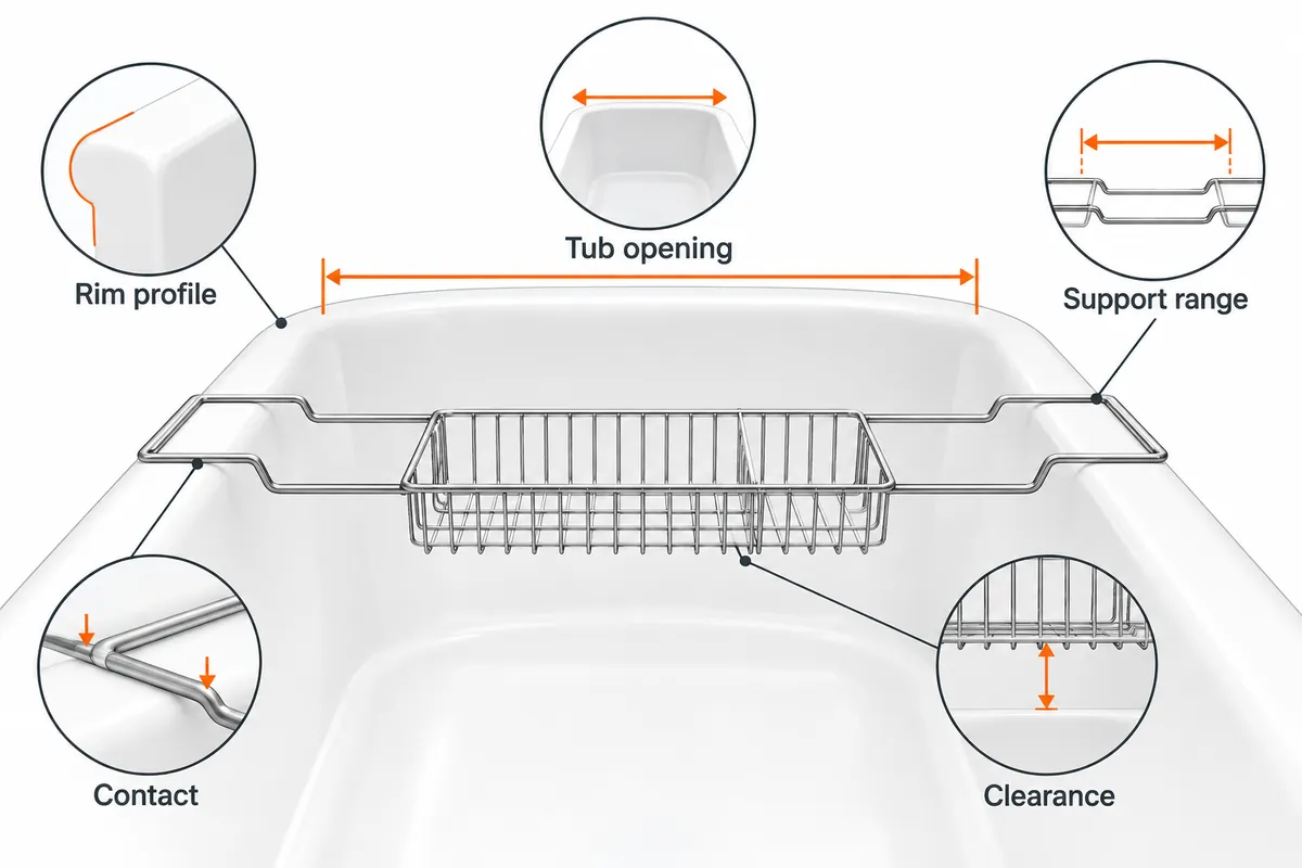 Bath-tray buyer checklist for tub opening, rim profile, support, contact and clearance