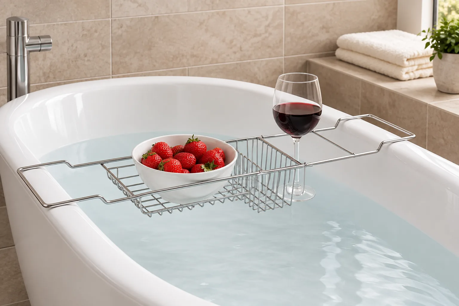 Metal bath tray spanning a bathtub with both end supports resting on the rims