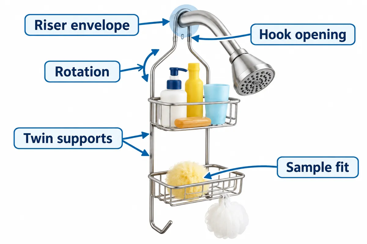 Buyer checklist for shower riser, hook opening, twin supports and caddy sample fit