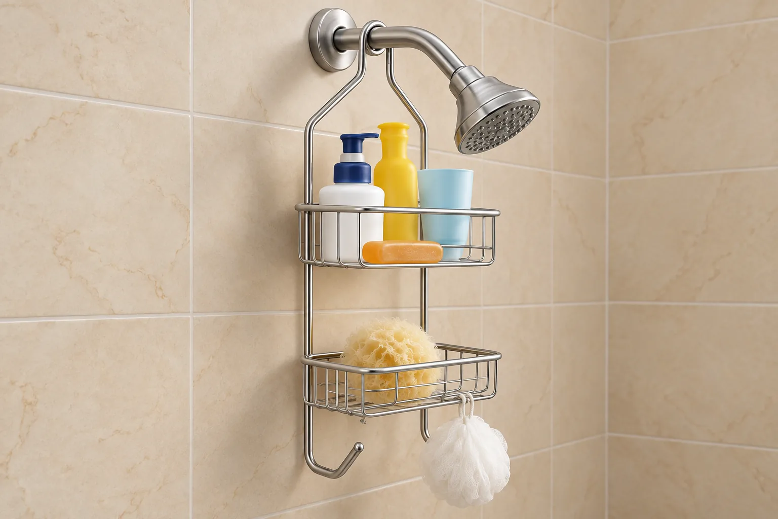 Two-tier wire shower caddy hanging from the shower riser with two vertical support wires