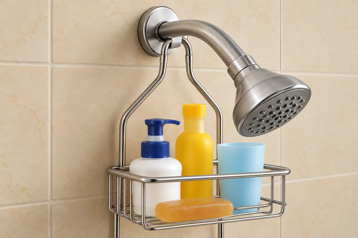 Buyer checks the shower-arm caddy hook opening and riser clearance on a sample