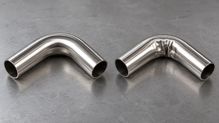 Formed metal tube samples comparing a smooth bend with visible inside-radius wrinkling
