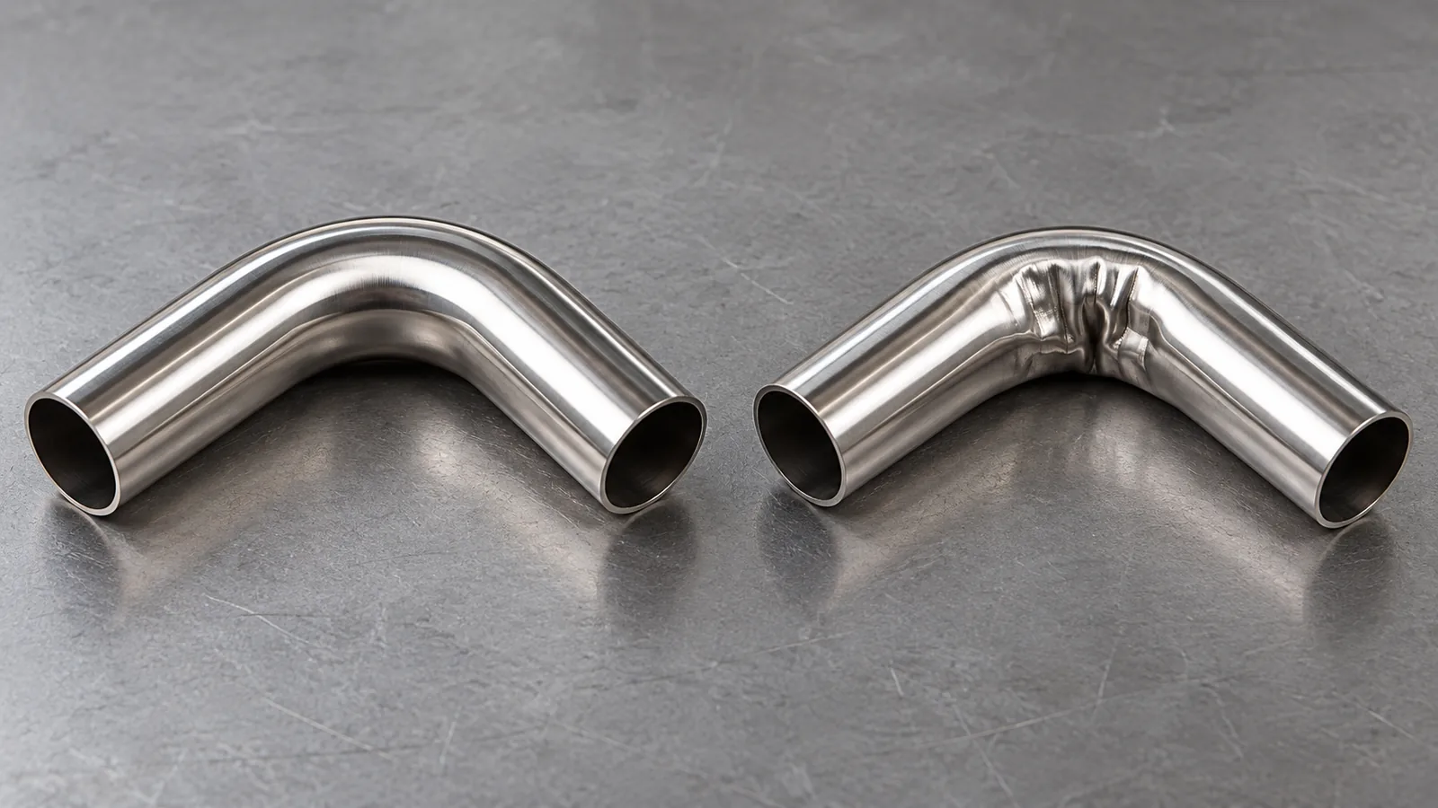 Formed metal tube samples comparing a smooth bend with visible inside-radius wrinkling