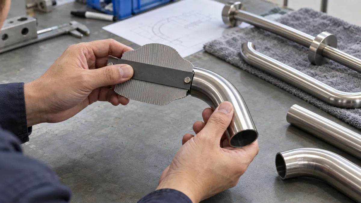 Inspector reviews tube-bend profile and surface condition on a bathroom-hardware sample