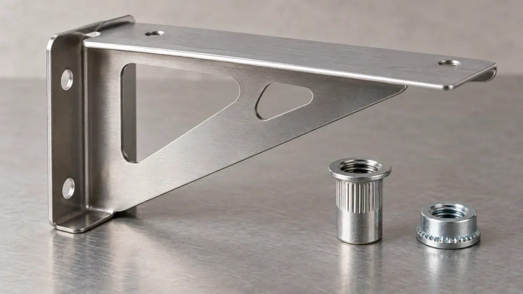 Conceptual sheet-metal mounting bracket with two generic threaded insert options