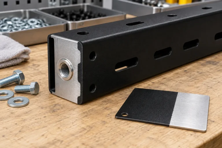 A conceptual powder-coated metal rack component showing a clear threaded insert boundary