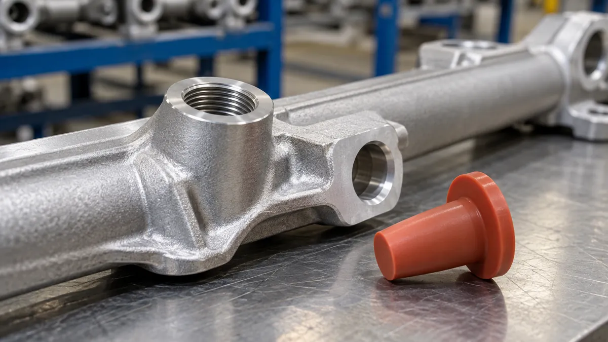 Close view of a masking plug protecting a threaded feature before coating