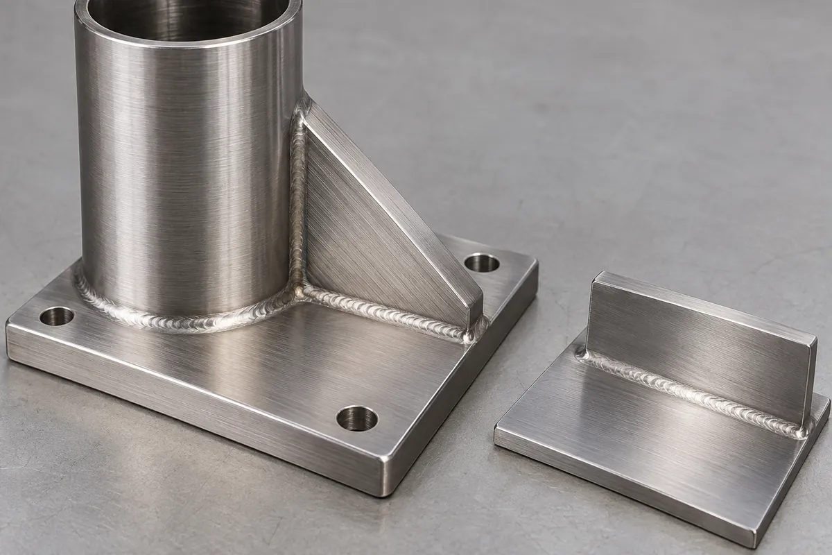 Sample review of brushed grain alignment at a stainless hardware joint