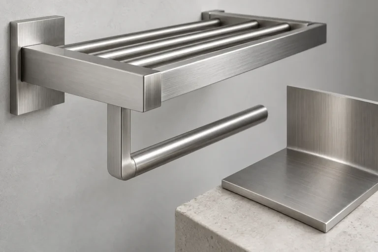 Conceptual bathroom hardware assembly showing brushed grain direction across joined parts