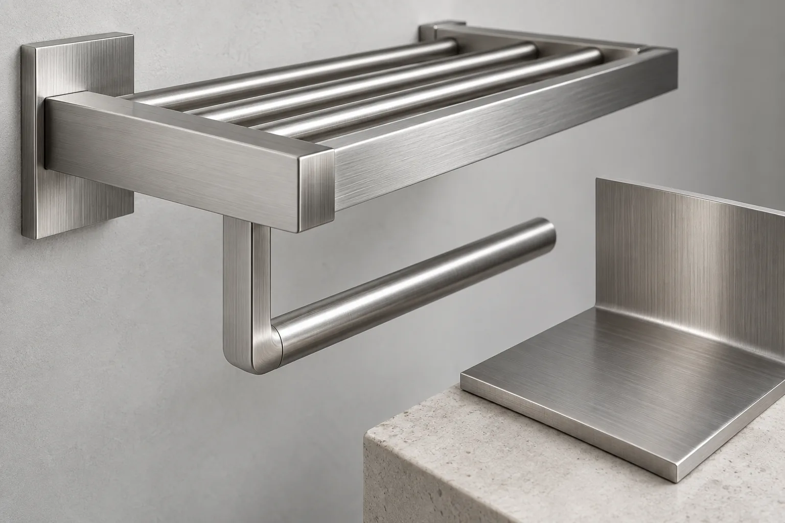 Conceptual bathroom hardware assembly showing brushed grain direction across joined parts