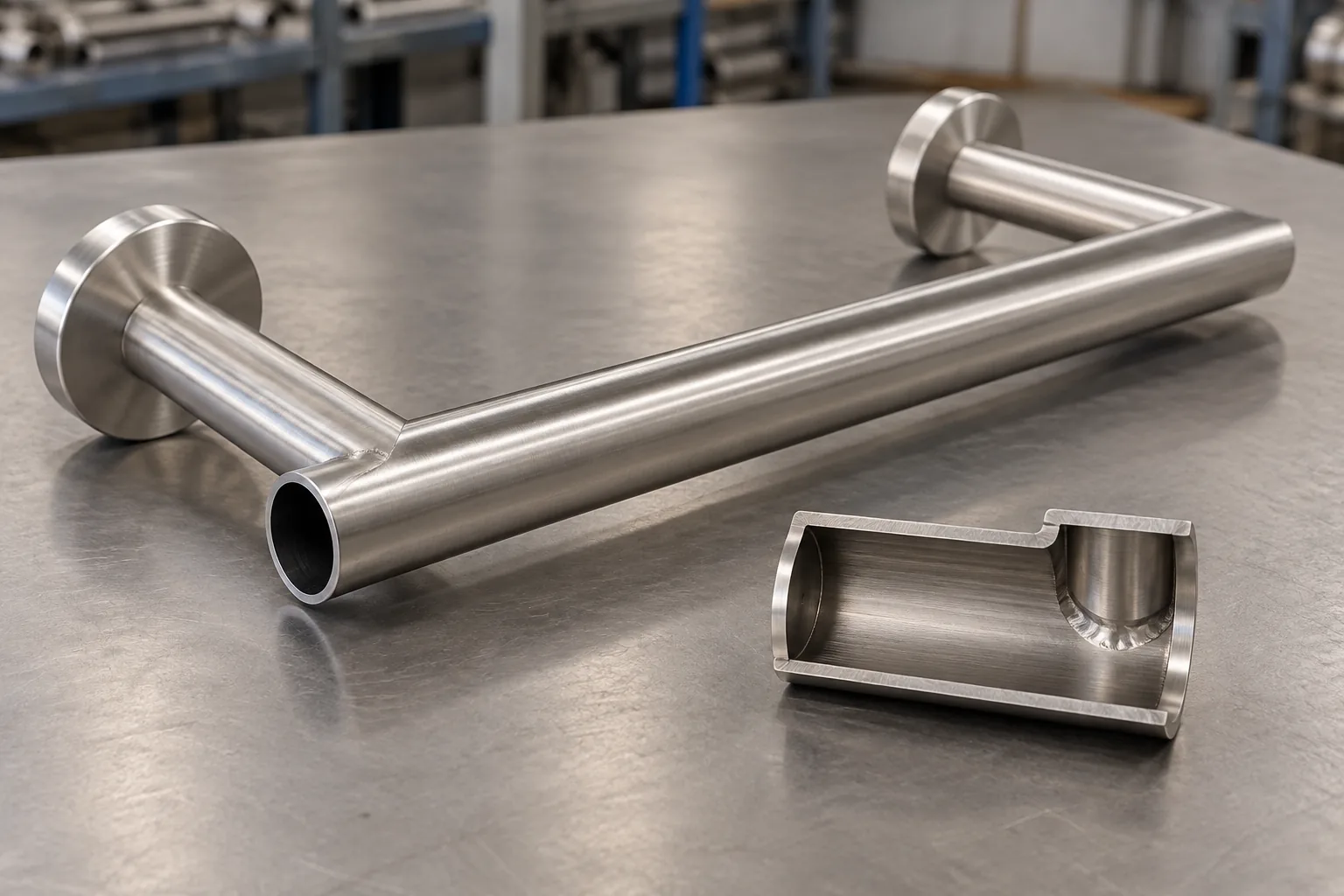 Conceptual stainless tube hardware frame and weld-root review sample