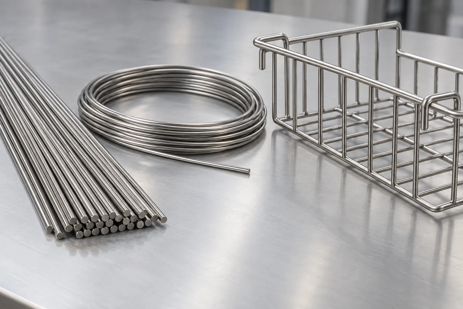 Conceptual wire basket rail with incoming straight wire and coil samples