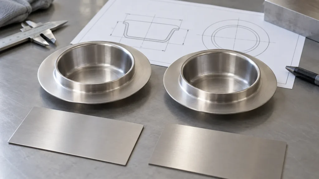Conceptual shallow formed stainless steel samples prepared for a buyer material and drawing review