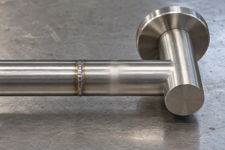 Uma soldadura limpa num tubo de aço inoxidável com uma transição nivelada e controlada numa estrutura conceptual de casa de banho