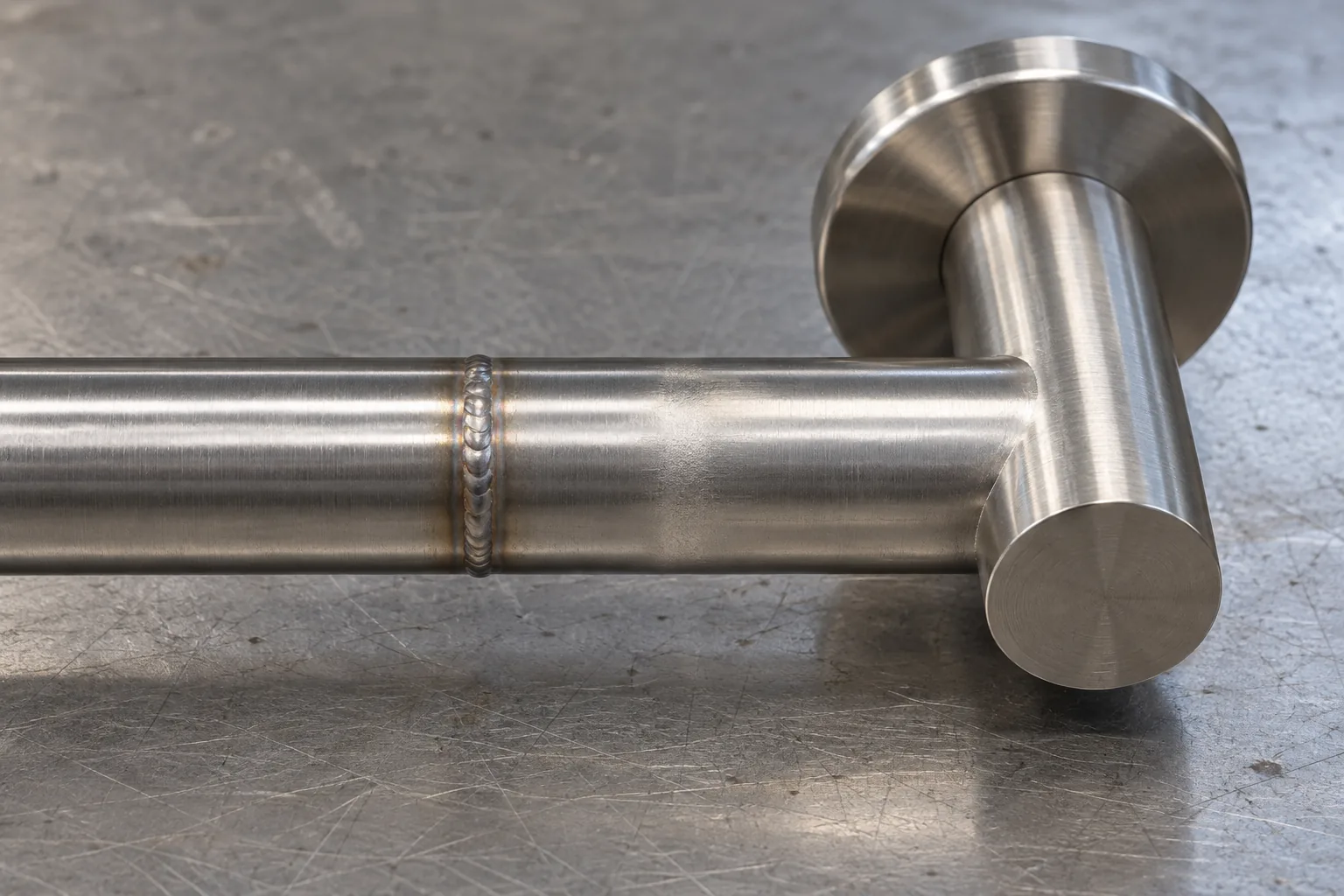 A clean stainless tube weld with a controlled flush transition on a conceptual bathroom frame