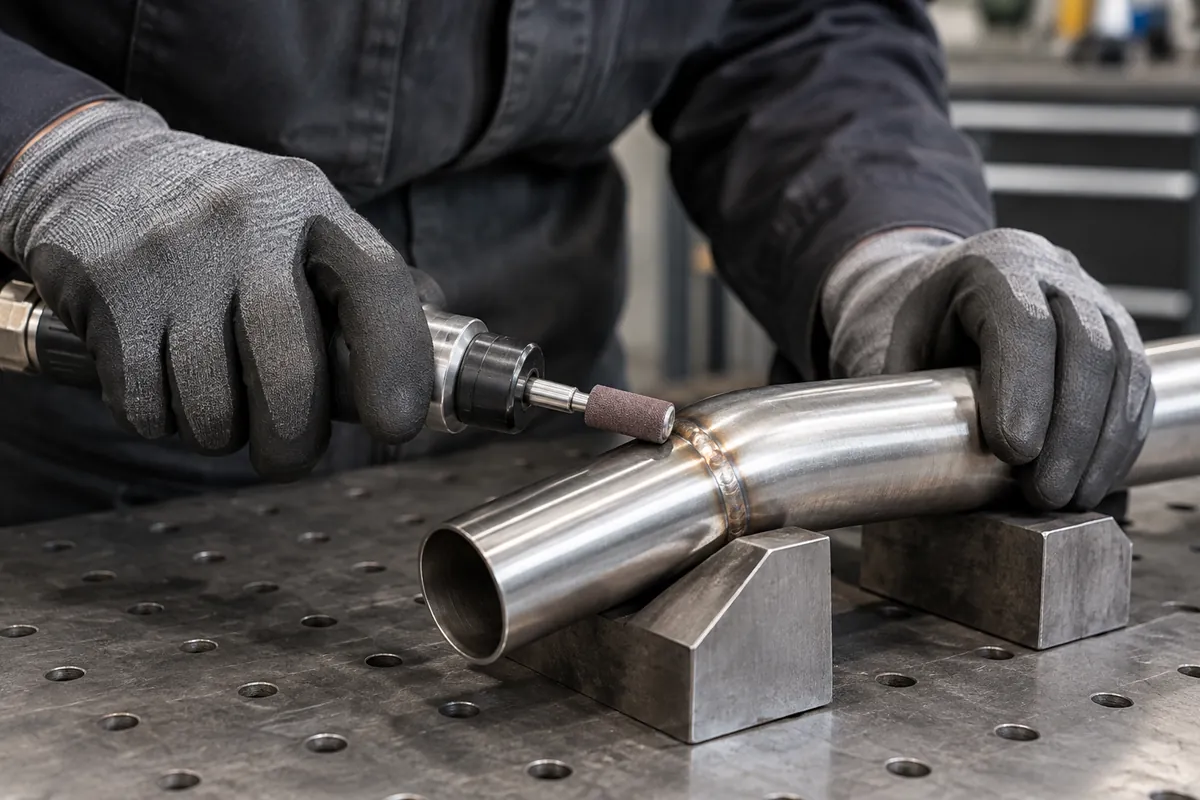 Technician blending a stainless tube seam with an abrasive finishing tool