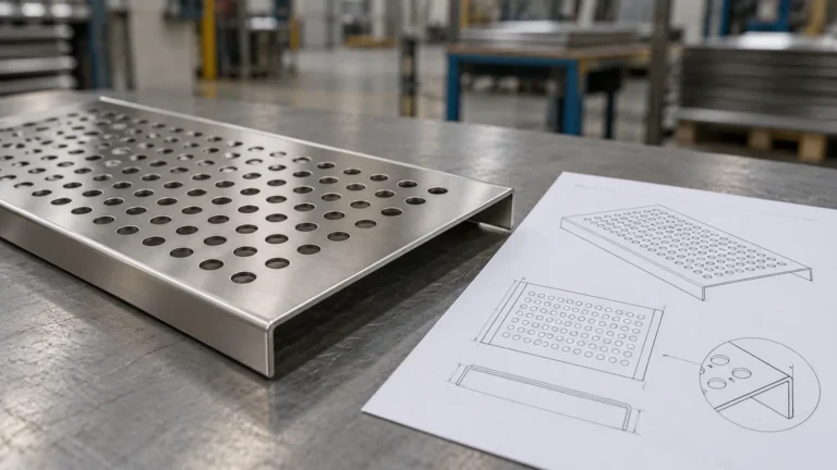 Conceptual perforated shelf panel for a hole-pattern and edge-border specification review.