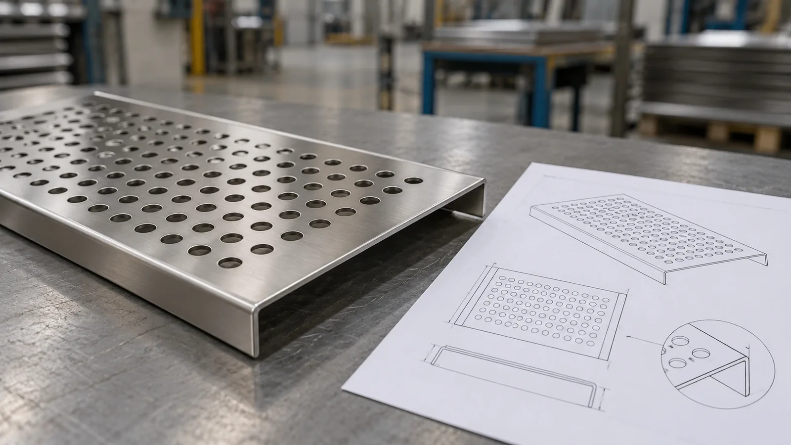 Conceptual perforated shelf panel for a hole-pattern and edge-border specification review.