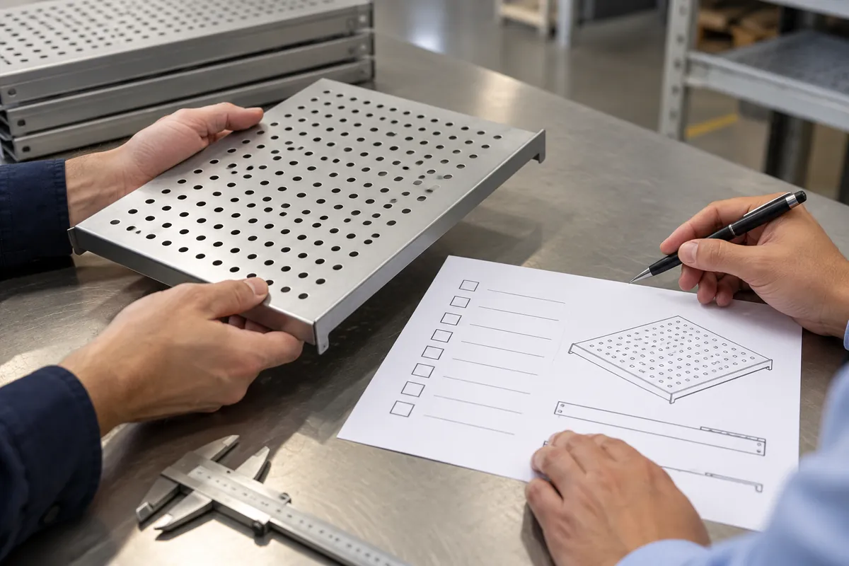 Buyer reviewing a perforated shelf sample against an RFQ drawing.