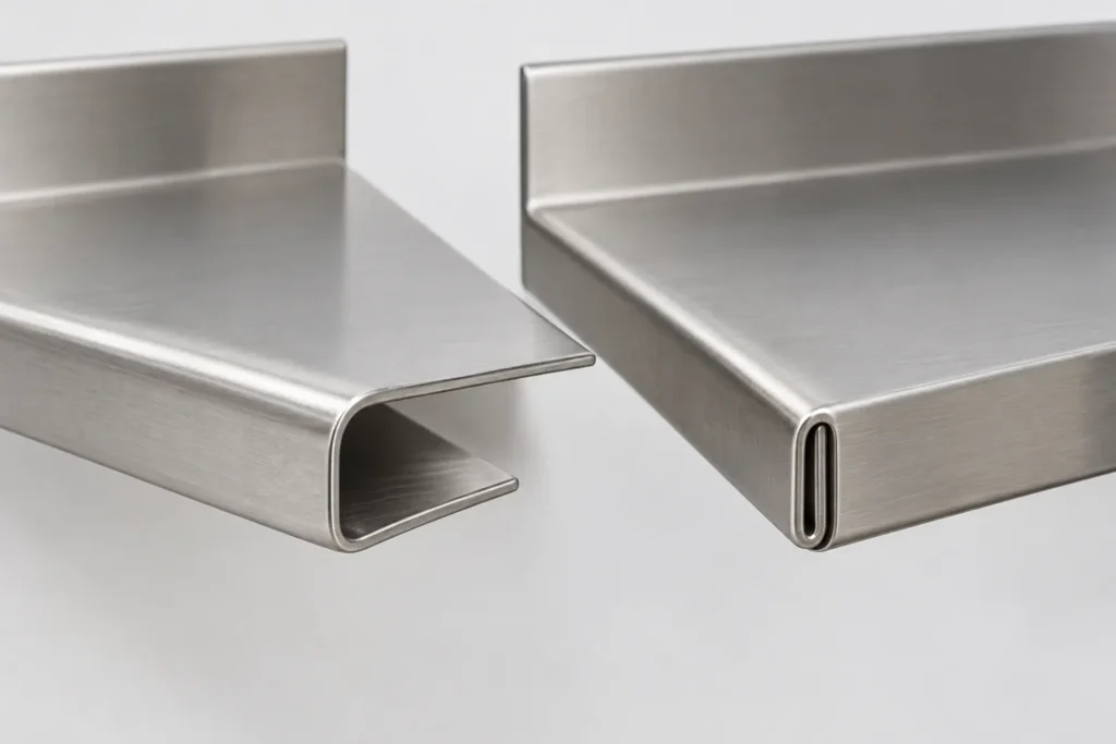 Two bathroom shelf edge samples comparing open and closed sheet-metal hems