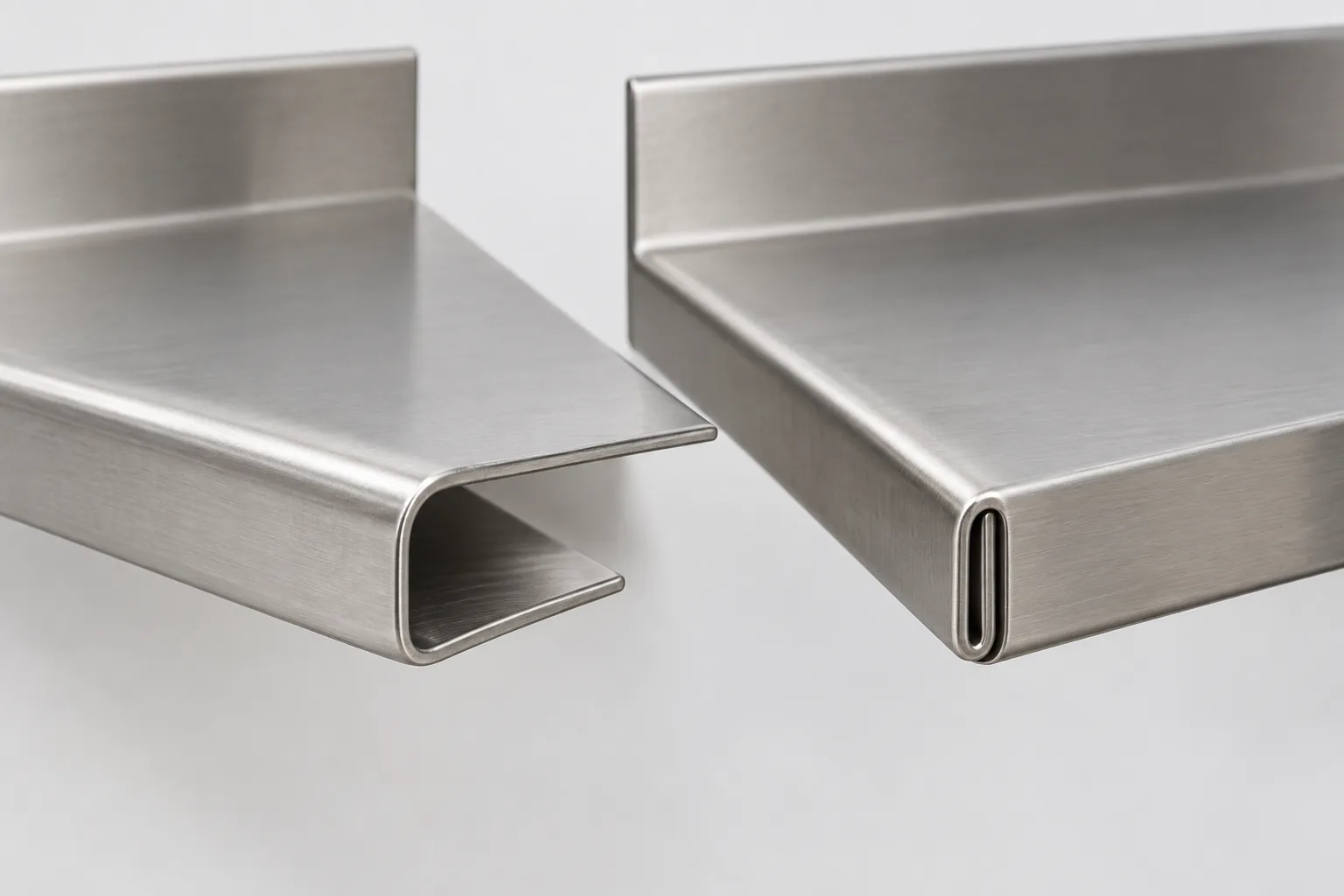 Two bathroom shelf edge samples comparing open and closed sheet-metal hems
