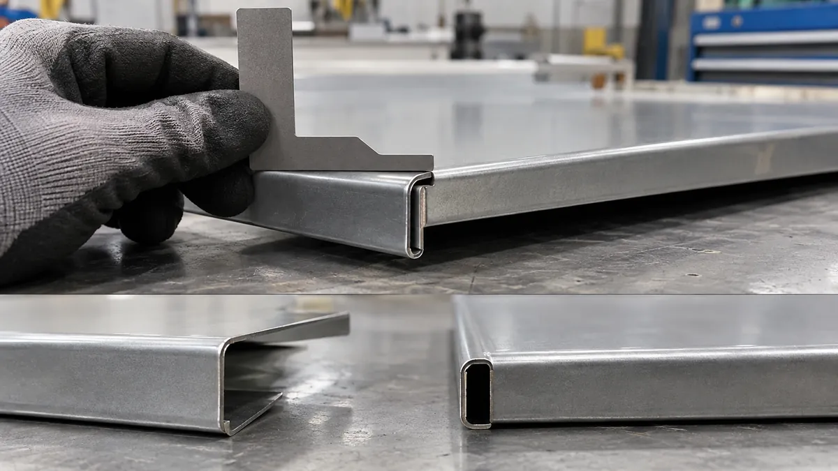 Technician examining a hem section with a hand gauge on a formed shelf edge