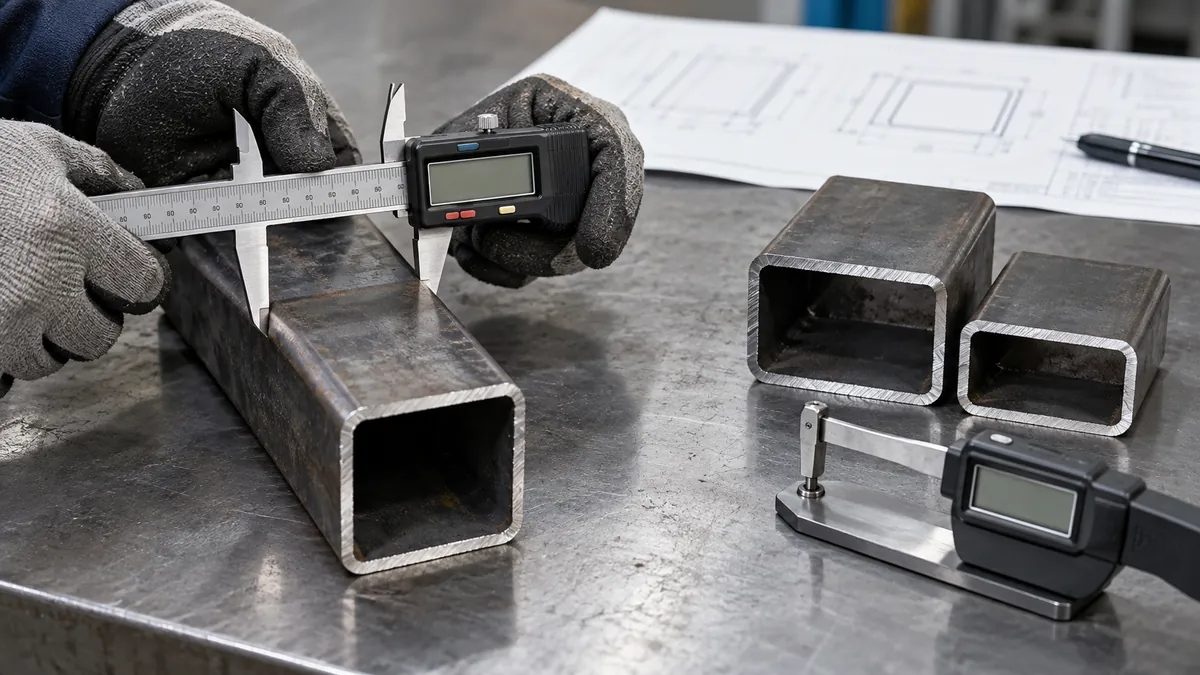 Caliper and wall measurement tools checking a metal tube section