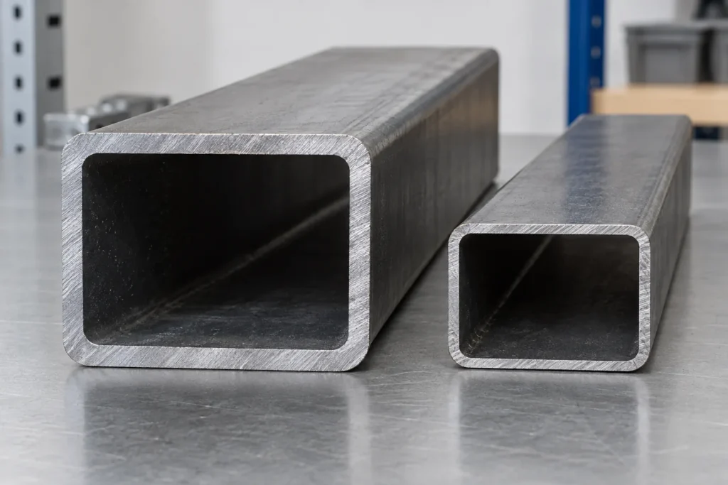 Two metal storage rack tube sections shown with contrasting wall thicknesses and diameters